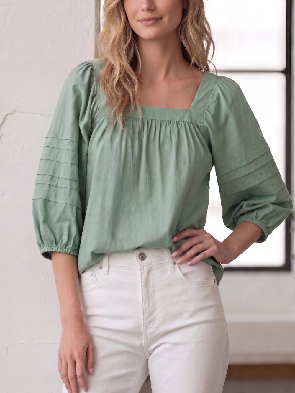 Madewell Square Neck Pleat Sleeve Top Pale Evergreen Small NWT